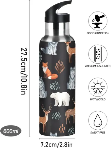 Vista 9 de Cute Animals Fox Wolf Bear Black Insulated Water Bottle 32 Oz, BPA-Free Sports Water Bottle Leakproof Water Bottles