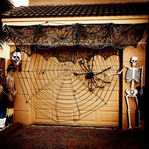 Vista 5 de Decoración de chimenea de Halloween, suministros de fiesta festiva, tela de araña de encaje, cubierta de bufanda negra para chimenea, bufanda