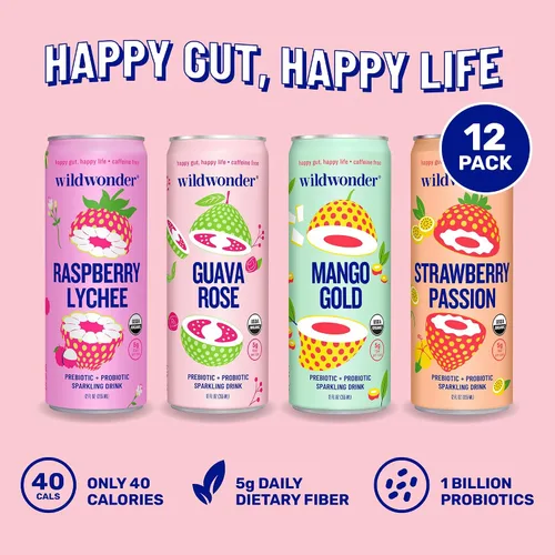 Vista 3 de Wildwonder Bebida de jugo probiótico espumosa con inmunidad y apoyo a la digestión, con fibra de 0.18 oz y probióticos vivos, sin cafeína, orgánica