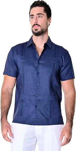 Vista 6 de bohio Guayabera - 100% lino para hombre, tradicional, 4 bolsillos con mangas cortas, color azul reyM, Real