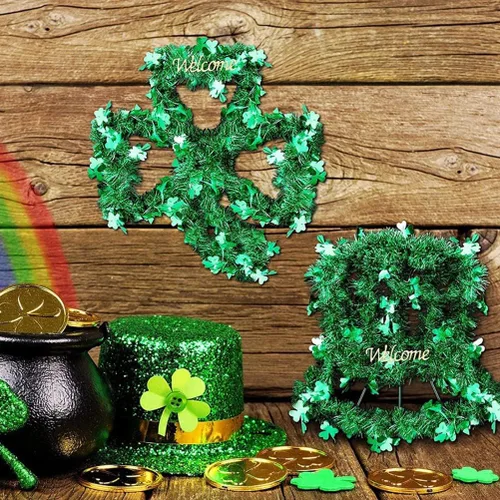 Vista 3 de LOGOFUN 4 piezas de trébol de alambre del día de San Patricio, corona de metal con forma de trébol de la suerte, sombrero irlandés, corona de flores