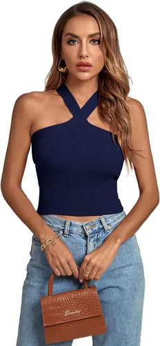Vista 6 de Umenlele Camiseta corta sin mangas con cuello halter cruzado para mujer