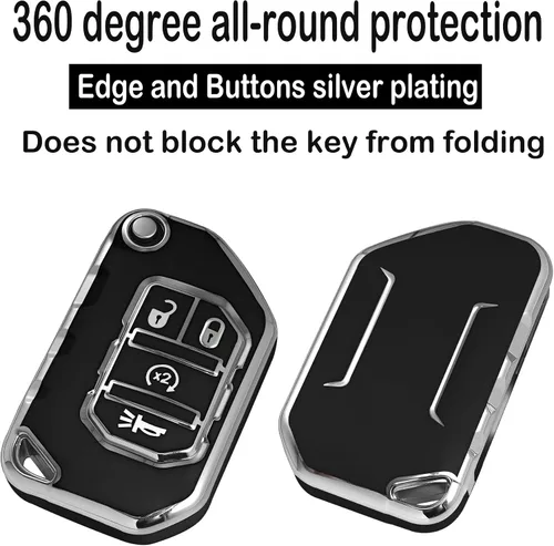 Vista 3 de Kirsnda Funda para llavero Jeep, funda con llavero, TPU suave que protege la carcasa de la llave del automóvil, compatible con Wrangler JL JLU Negro