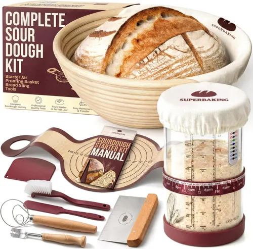Vista 13 de Juego de cestas para fermentación de pan Superbaking Banneton de 2, cestas redondas de 22.86 cm de ratán sin astillas con forros, kit de inicio