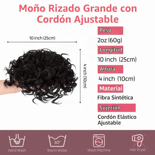 Vista 2 de HOOJIH - Moño desordenado para el pelo, pieza de pelo con cordón elástico, onda suelta, gran moño rizado, corto, extensión de cola de caballo Negro