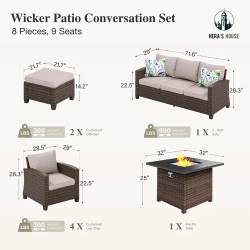Vista 112 de HERA'S HOUSE - Juego de muebles para patio con mesa para fogata, muebles de mimbre para exteriores, sofá de conversación con asientos profundos