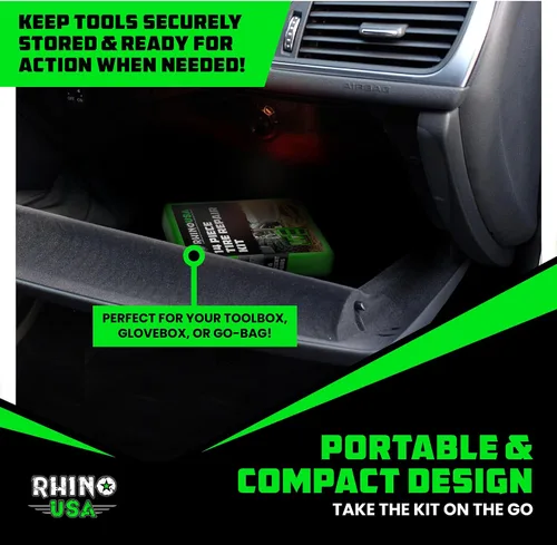 Vista 6 de Kit de reparación de neumáticos compacto Rhino USA (14 piezas) – Juego de tapones resistentes con lubricante incluido para arreglar pinchazos