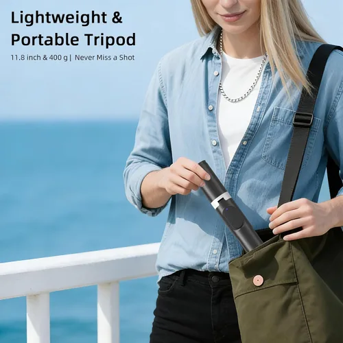 Vista 5 de Trípode para selfie stick de 61 pulgadas con control remoto Bluetooth, soporte extensible de aluminio resistente para vlogging con base de metal