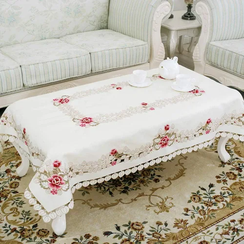 Vista 9 de LeLehome - Mantel de encaje bordado con flores cafés, color crema y beige, diseño clásico y tela que no se arruga para mesa de comedor