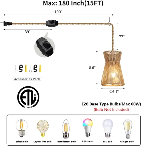 Vista 2 de Lámpara Colgante Enchufable de 15 pies con Cable, Interruptor Regulable, Lámpara Colgante de Ratán con Mimbre Tejido a Mano, Candelabro Enchufable