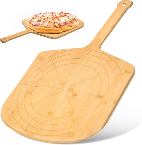 Vista 9 de Pizarra de madera de 12 pulgadas con tamaños grabados, tabla de cortar de pizza de bambú multiusos, cáscara de pizza de madera, espátula de pizza