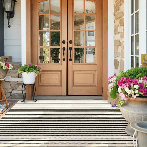 Vista 14 de KIMODE - Alfombra de algodón tejida con diseño a rayas en color negro, para puerta de entrada, cocina, decoración de estilo rústico