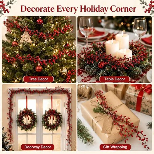 Vista 7 de RAINFLOW 40 FT Red Berry Garland - 2 Rolls Pip Berry Garland for Christmas