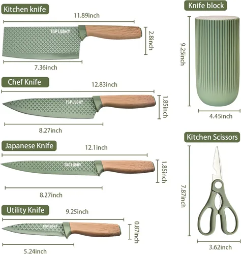 Vista 8 de Juego de cuchillos de cocina, 6 piezas, juego de cuchillos profesionales verdes con bloque de cuchillos universal, juego de cuchillos súper afilados