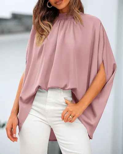 Vista 57 de BTFBM Blusas de verano para mujer, cuello alto falso, manga murciélago, holgadas, dobladillo alto y bajo, blusas informales de gran