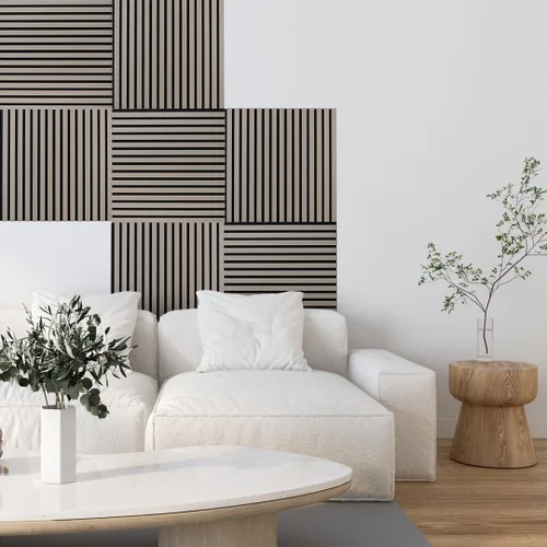 Vista 4 de IZODEKOR Paneles de pared acústicos de madera de 23.5 x 23.5 pulgadas (paquete de 2) – Paneles decorativos absorbentes de sonido para decoración