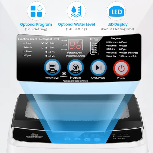 Vista 4 de NICTEMAW - Lavadora portátil de 2.4 pies cúbicos con capacidad de 17.8 libras, lavadora completamente automática con 10 programas y 8 niveles