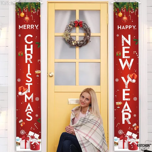 Vista 8 de KatchOn, Cartel de Feliz Navidad – 72 x 12 pulgadas, paquete de 2 Cartel de Feliz Año Nuevo para decoraciones de Año Nuevo 2025 Cartel de puerta