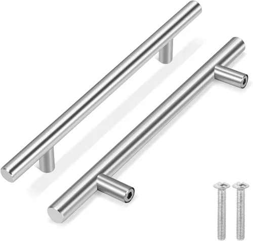 Vista 13 de Flexzion Paquete de 10 pomos para gabinetes de cocina, tiradores de barra en T, tiradores de cajón de 2 pulgadas de un solo agujero, acero