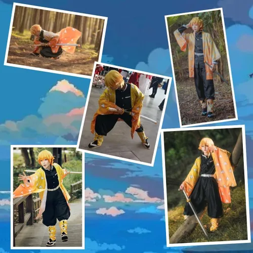 Vista 2 de MEADOO Tanjirou Zenitsu Giyuu - Disfraz de cosplay de anime Kamado para cosplay kimono uniforme con capa