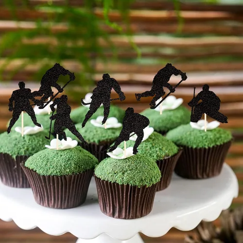 Vista 5 de 24 piezas de decoración de hockey para cupcakes, jugadores de hockey con purpurina negra, para cupcakes, hockey sobre hielo, temática deportiva