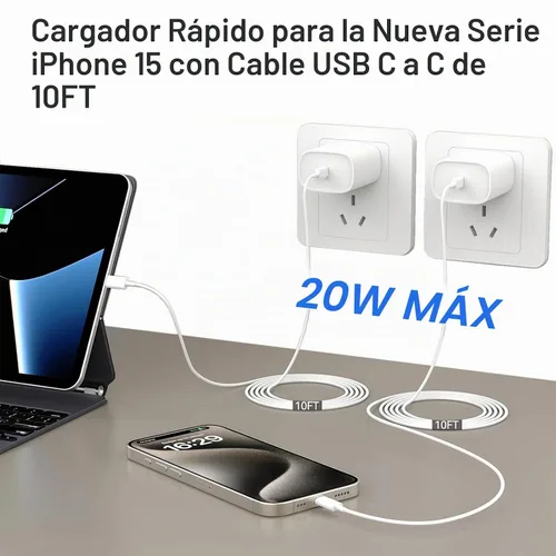 Vista 3 de Cargador rápido para iPhone, [certificado MFi] 2 paquetes de 20 W de doble puerto PD/QC3.0 USB C cargador de pared con cable USB C a Lightning de 6