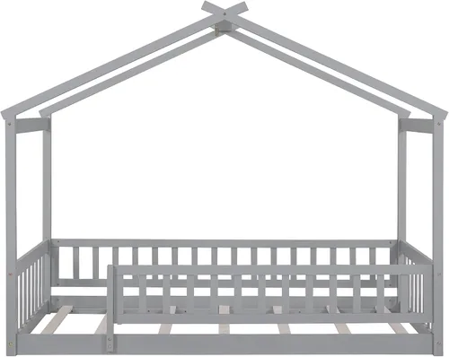 Vista 5 de MERITLINE Cama individual Montessori para niños, marco de cama individual Montessori con rieles y techo, no necesita somier, para niños, Gris
