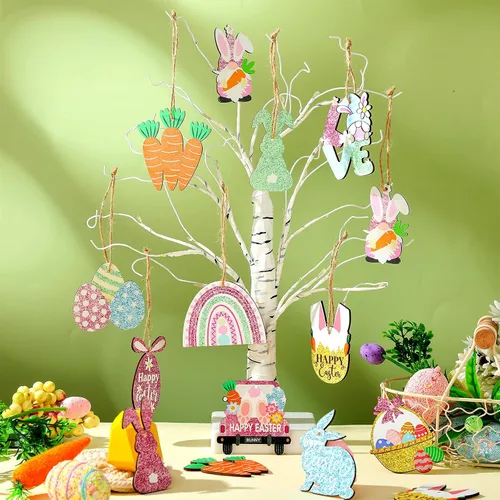 Vista 2 de Kathfly 32 piezas de adornos de Pascua para árbol pequeño de madera, decoraciones de Pascua feliz, huevos de conejo, adornos colgantes de gnomo