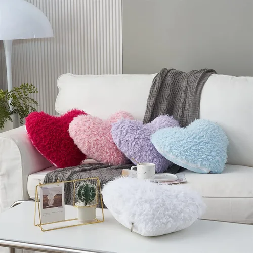 Vista 7 de MOOWOO - Almohada de corazón morado, almohada mullida de corazón con funda de almohada e relleno, piel sintética suave, diseño decorativo