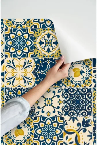 Vista 3 de Papel tapiz para despegar y pegar – Azulejos amarillos Limones Cheater Quilt Italiano Mediterráneo Azulejos Siciliano Karge Escala Toscana, Papel