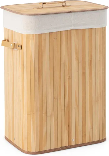Vista 15 de Cesta de lavandería de bambú Giantex con tapa, cesta grande y alta de 72L para ropa con forro y asas extraíbles, cesta de lavandería rectangular