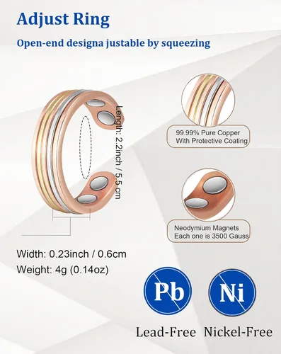 Vista 2 de Copper Rings for Women, Pure Copper Three Color Gold Adjustable Magnetic Ring （FUTI-1）