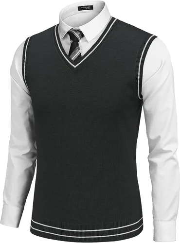 Vista 8 de COOFANDY Suéter sin mangas para hombre, chaleco con cuello en V, jersey de algodón sólido Azul claro