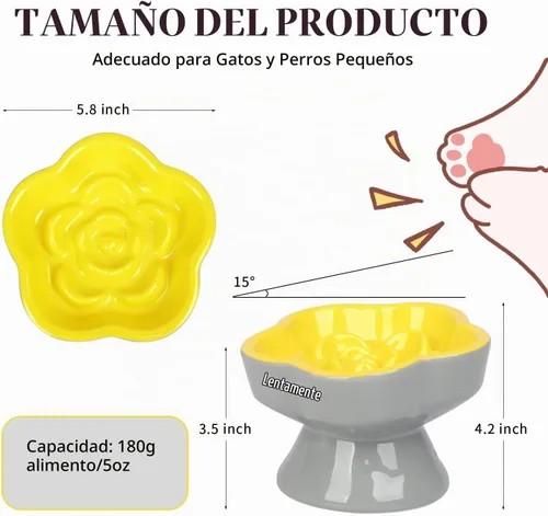 Vista 2 de S&Q's CERAMICS Cuenco elevado de alimentación lenta para gatos, cuenco elevado de cerámica para perros pequeños, comedero lento en forma de flor