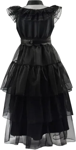 Vista 4 de Bainaer Wednesday Addams - Vestido de fiesta gótica Wednesday Addams, Wensday, Halloween, cosplay, para niñas y niños