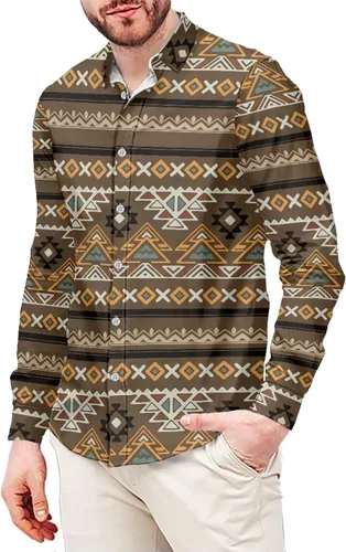Vista 8 de Camisa azteca con botones para hombre, patrón nativo americano, camisas de manga larga con cuello en V y nación tribal