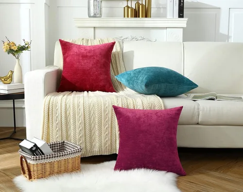 Vista 7 de Jeneoo Juego de 2 fundas de almohada decorativas de chenilla roja brillante para sofá, fundas de almohada cuadradas súper suaves estilo granja Rojo
