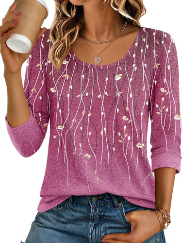 Vista 7 de Ekouaer Camisetas básicas casuales de manga 3/4 para mujer, cuello redondo Rayado Caqui