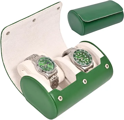 Vista 7 de Flyroom Estuche de viaje para 2 relojes, caja de reloj para mujeres y hombres, portátil, de lujo, de cuero, organizador de rollos de almacenamiento