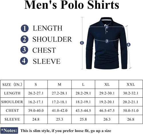 Vista 6 de A WATERWANG Polera polo de manga larga para hombre, de algodón, ajustado, diseño básico