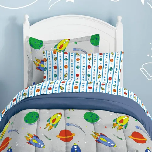 Vista 94 de Dream Factory Dinosaur Blocks - Juego de edredón de microfibra ultrasuave para niños, color azul, tamaño individual Bloques de dinosaurios azules