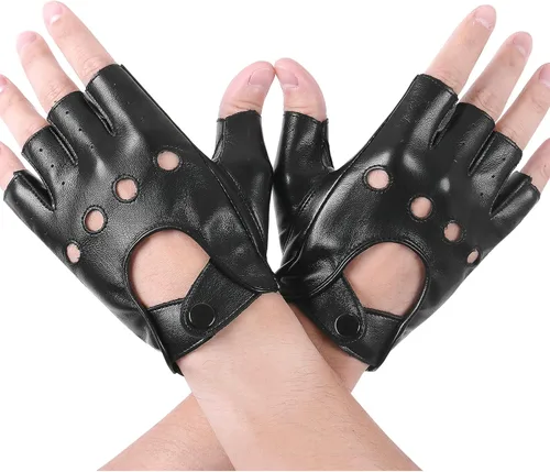 Vista 2 de FLORVIV Guantes negros sin dedos de piel sintética gótica gótica Cosplay disfraz punk Halloween actuación para mujeres y niñas