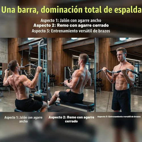 Vista 7 de Accesorio de barra dorsal para máquina de cables, barra de curl y pulldown con rotación completa y mango de goma para gimnasio, entrenamiento