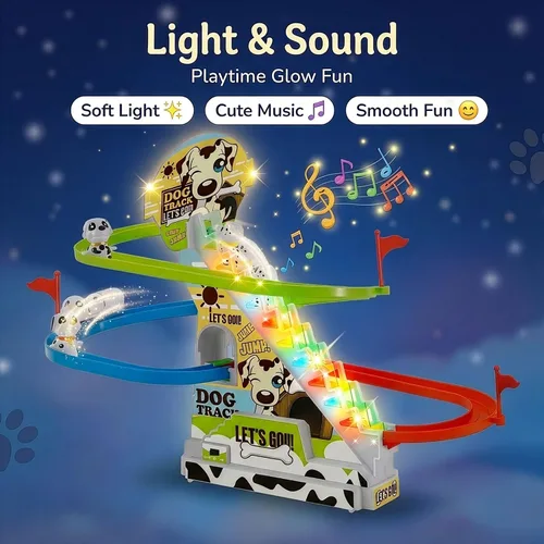 Vista 2 de Dalmatian Racer - Juguete deslizante para escaleras, pista de carreras de perros con luces LED y música para niños pequeños