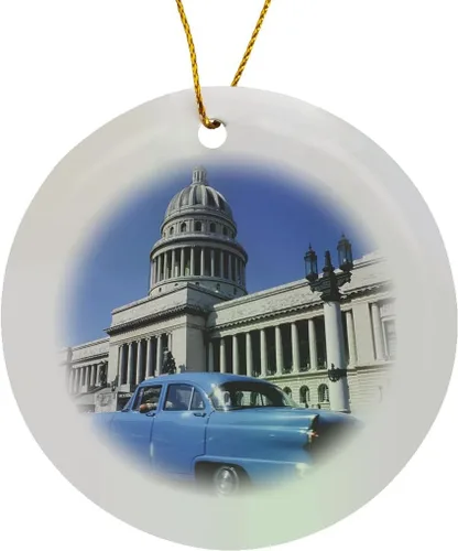 Vista 8 de Adorno de porcelana de copo de nieve de 3 pulgadas - Coche viejo frente al Capitolio Havanna Cuba Cuba