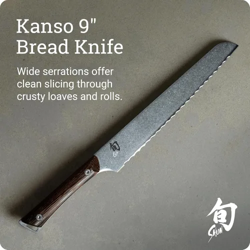 Vista 2 de Shun Kanso - Cuchillo de pan de 9 pulgadas, cuchillo serrado japonés hecho a mano, hoja de acero inoxidable AUS10A, mango Tagayasan, herramienta