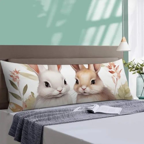 Vista 4 de Funda de almohada corporal con diseño de conejitos y hojas de bebé, funda de almohada grande con cremallera oculta, conejo de Pascua, funda larga