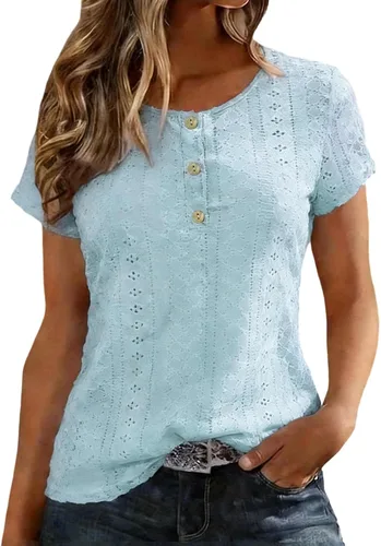 Vista 8 de Camiseta de manga corta con cuello redondo para mujer, blusa holgada con ojales, casual, holgada, para vacaciones, playa, lunares suizos