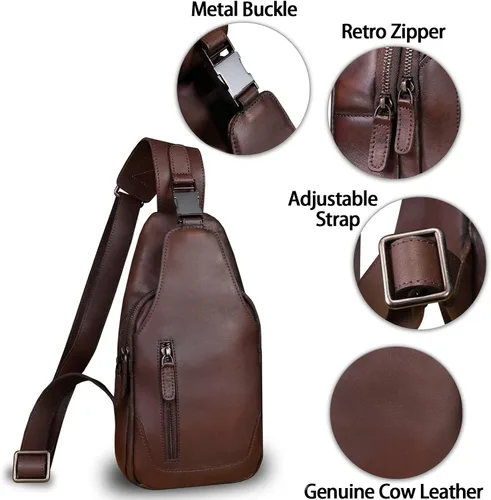 Vista 6 de LRTO Bolso bandolera de cuero genuino hecho a mano para senderismo, motocicleta, retro, sobre el hombro, bolso de pecho