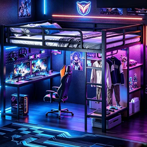 Vista 6 de Bellemave Cama loft para juegos de tamaño matrimonial con escritorio en forma de L, bandeja de computadora, tablero de clavijas y puertos USB, marco
